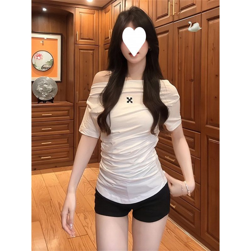 1*1随心裁白色斜肩短袖T恤女十字架印花设计感褶皱修身露肩上衣