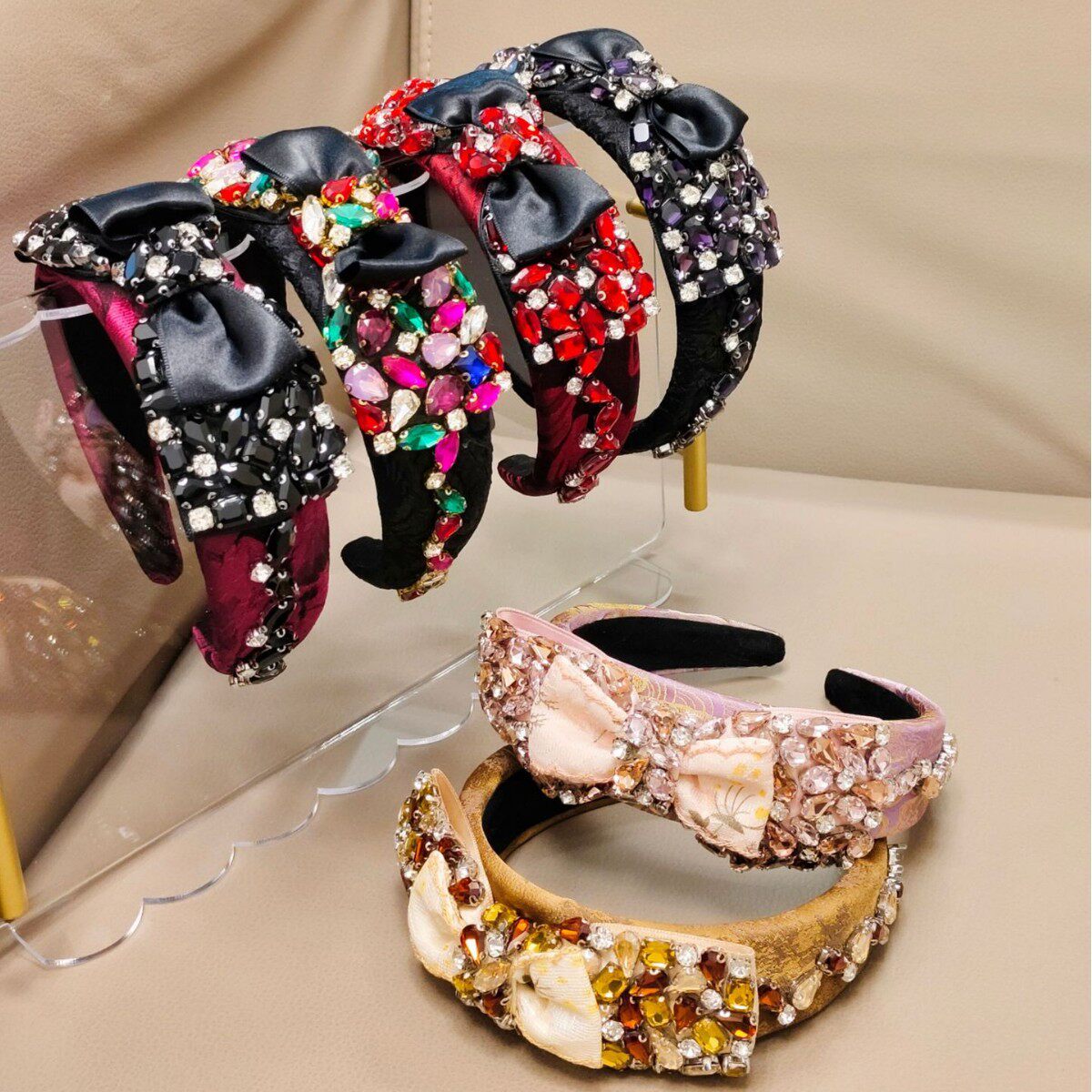 奢华重工满钻蝴蝶结高颅顶发箍复古巴洛克彩钻宽边发箍名媛发卡女