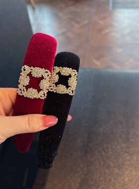 新年红色细闪丝绒方钻发箍新款高级精致时尚洋气高颅顶压发发卡女