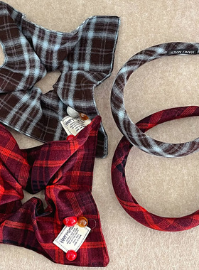 复古红色毛呢格纹发箍秋冬新款气质方巾发圈日韩学院英伦风发饰女