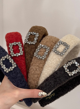 新年红色毛呢方钻发箍女2026秋冬新款高级感洋气时尚头箍毛毛发卡