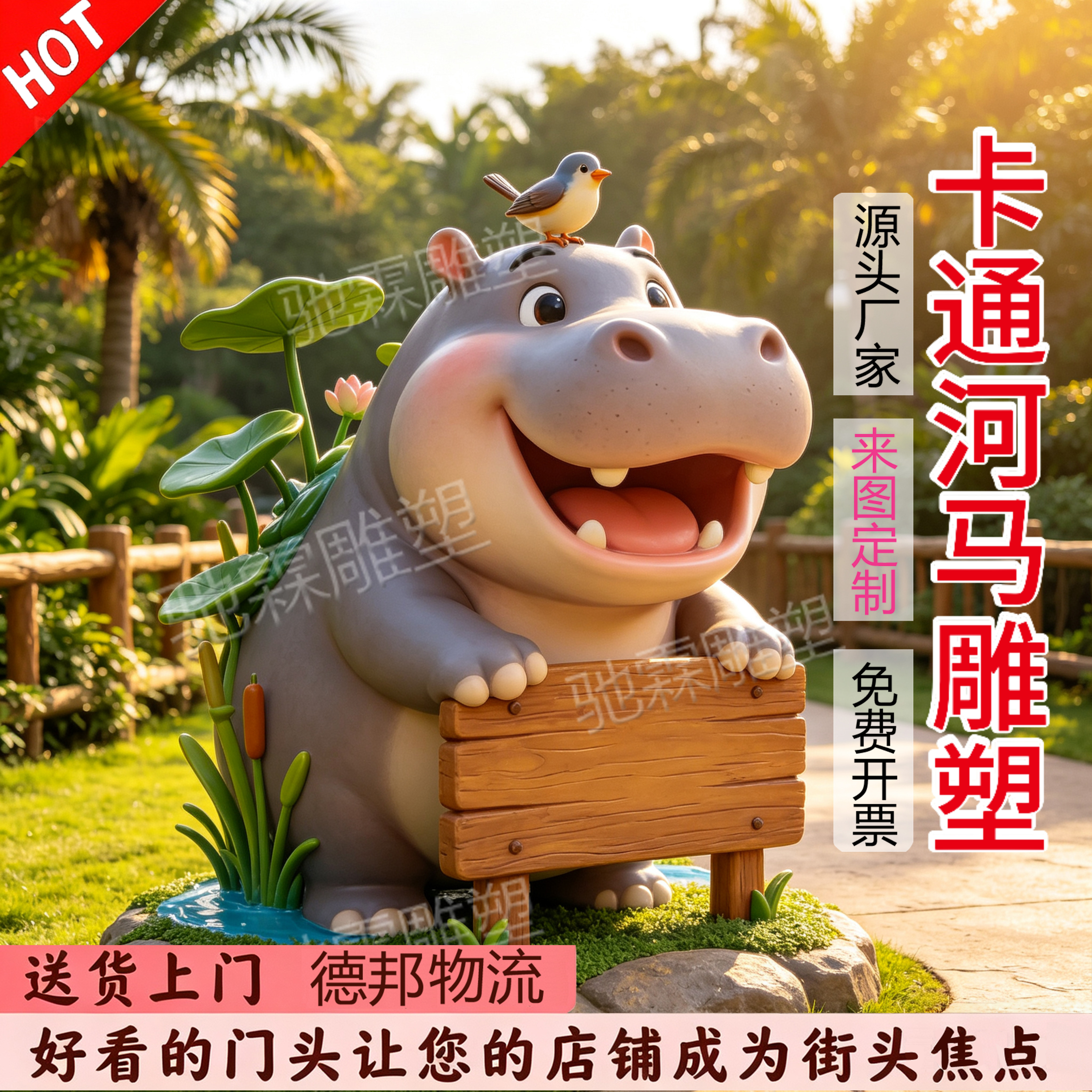 玻璃钢创意卡通河马雕塑动物园景雕塑