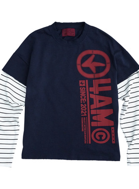 4AM/25aw冷酷无情的混蛋 假两件印花条纹拼接长袖T恤秋季小众套头