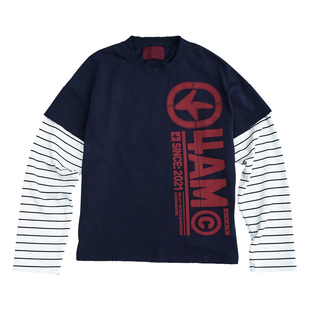 T恤秋季 4AM 假两件印花条纹拼接长袖 混蛋 小众套头 25aw冷酷无情