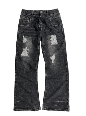 4AM 25SS新款轻亚朋克复古双腰头铆钉破洞微喇做旧水洗牛仔裤