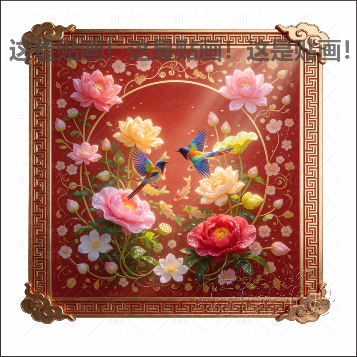 中式花鸟彩绘PVC墙贴客厅装饰画防水防晒背景墙破洞划痕遮挡贴纸