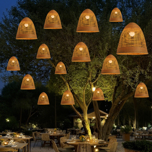 新中式竹编吊灯户外防水竹艺吊灯民宿酒店餐厅氛围感装饰挂树灯具