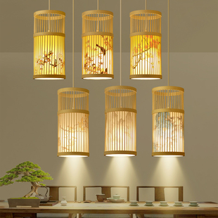 网红新中式餐厅包间竹编小吊灯日式餐饮火锅店包厢竹艺灯笼带射灯