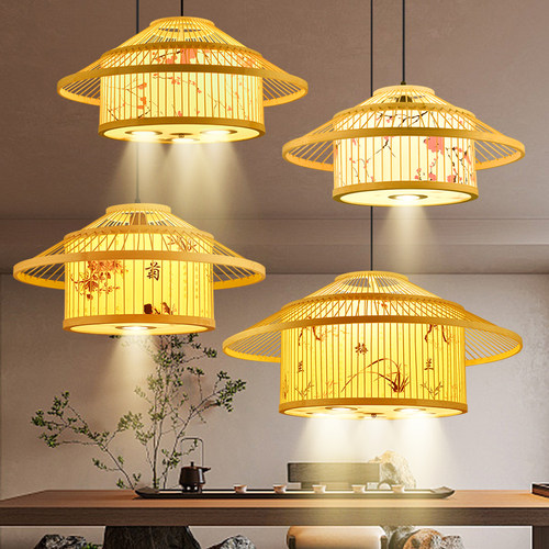 新中式竹编灯禅意民宿茶室灯具饭店火锅店包间带射灯竹艺餐厅吊灯