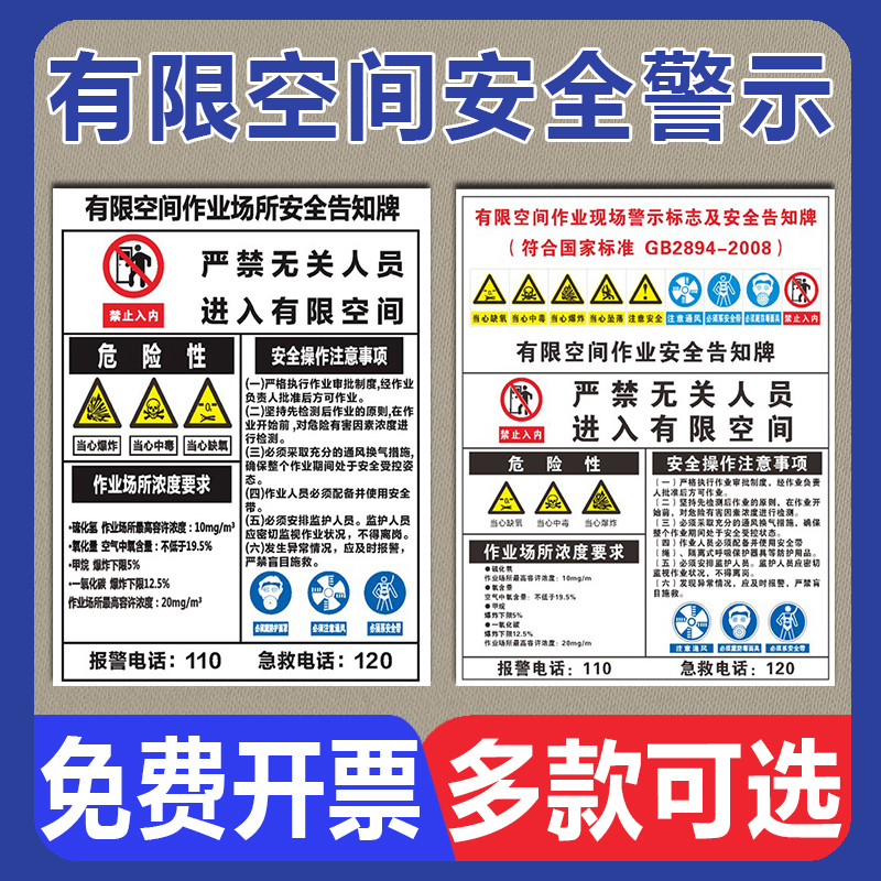 有限空间安全警示牌冷库受限空间作业安全操作告知牌危险密闭空间严禁无关人员进入安全警示提示标识标示标志