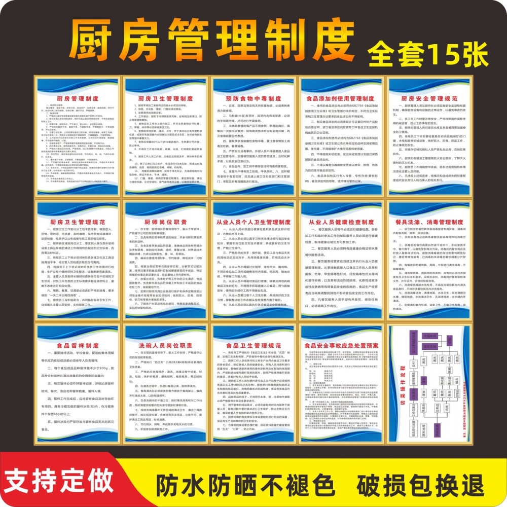 厨房食品安全管理制度牌餐饮食堂酒店饭店卫生管理规范规章制度厨房4D管理制度餐具洗涤消毒制度应急处置预案