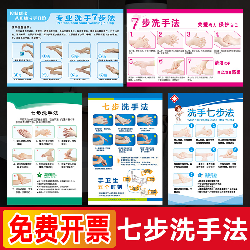 七步洗手法图 医用标准新款七步洗手法 医院诊所学校洗手间六步图片海报挂图幼儿园7步骤图墙贴标识牌贴定制