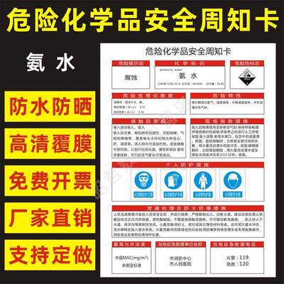 氨水 危险化学品安全周知卡职业病危害告知卡危化品公示告栏MSDS明白卡危险性标志识警示提示标牌