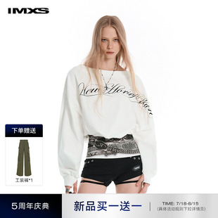 辣妹字母腰带印花一字肩白长t恤潮流斜肩上衣 买1送1 IMXS美式