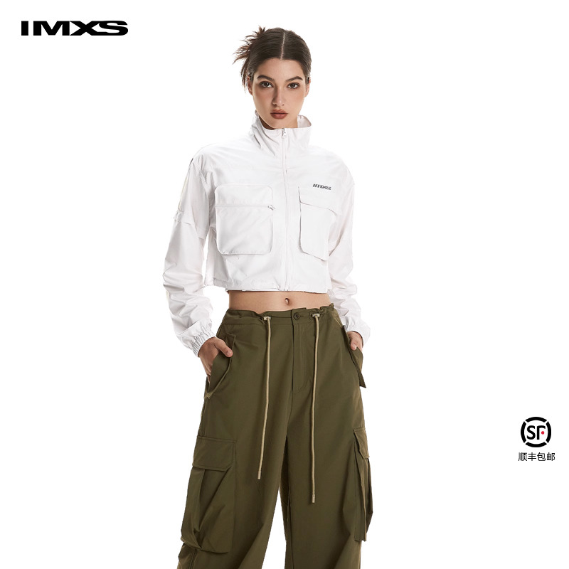 IMXS美式复古运动立体口袋夹克外套女立领露脐短款薄款白色上衣