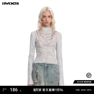 上衣 半高领新款 IMXS蛇纹仿真项链打底修身 白色印花显瘦圆领春季