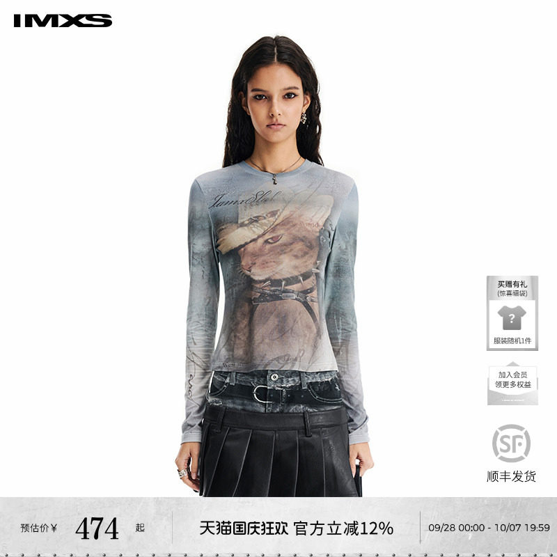 【IMXS】复古印花天丝弹力修身长袖T