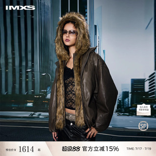 IMXS拆卸帽羽绒服皮衣夹克美式复古毛毛短款冬季加厚外套女