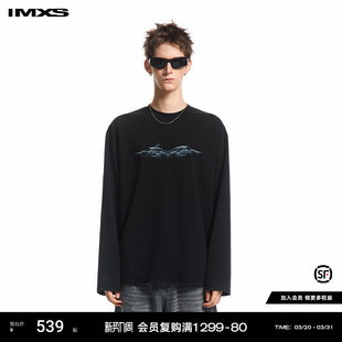 T恤上衣26新款 长袖 春夏 型落肩火焰印花薄款 IMXS水洗炒雪花宽松版