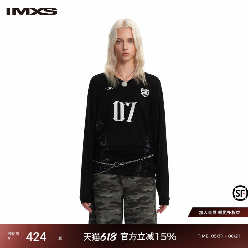 IMXS收腰V领球衣罩衫黑色字母印花宽松美式复古春季新款甜辣上衣X