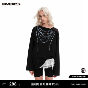 IMXS仿真项链斜肩T宽松打底t恤黑色打底衫 休闲小众百搭上衣X 长袖