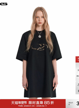 IMXS豹纹logo印花刺绣休闲慵懒宽松夏季短袖连衣裙女2025年新款