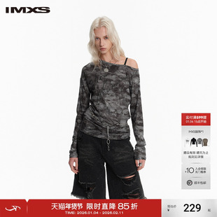 IMXS网纱连体露肩上衣美式复古晕染打底上衣设计感圆领修身长T恤X