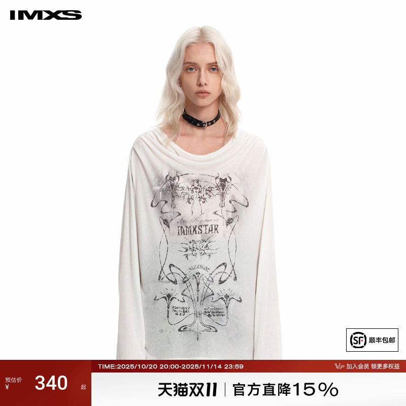 一字领印花罩衫女长袖宽松T恤