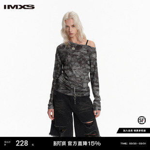IMXS网纱连体露肩上衣美式 长T恤X 复古晕染打底上衣设计感圆领修身