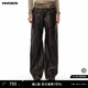 复古显瘦阔腿黑色裤 女秋冬美式 子 直筒pu裤 IMXS豹纹腰头擦色长裤