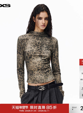 IMXS豹纹打底衫印花长袖半高领美式辣妹透视上衣修身显瘦t