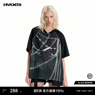 复古黑色宽松休闲T恤女2025年夏季 IMXS猫咪链条印花短袖 球衣美式