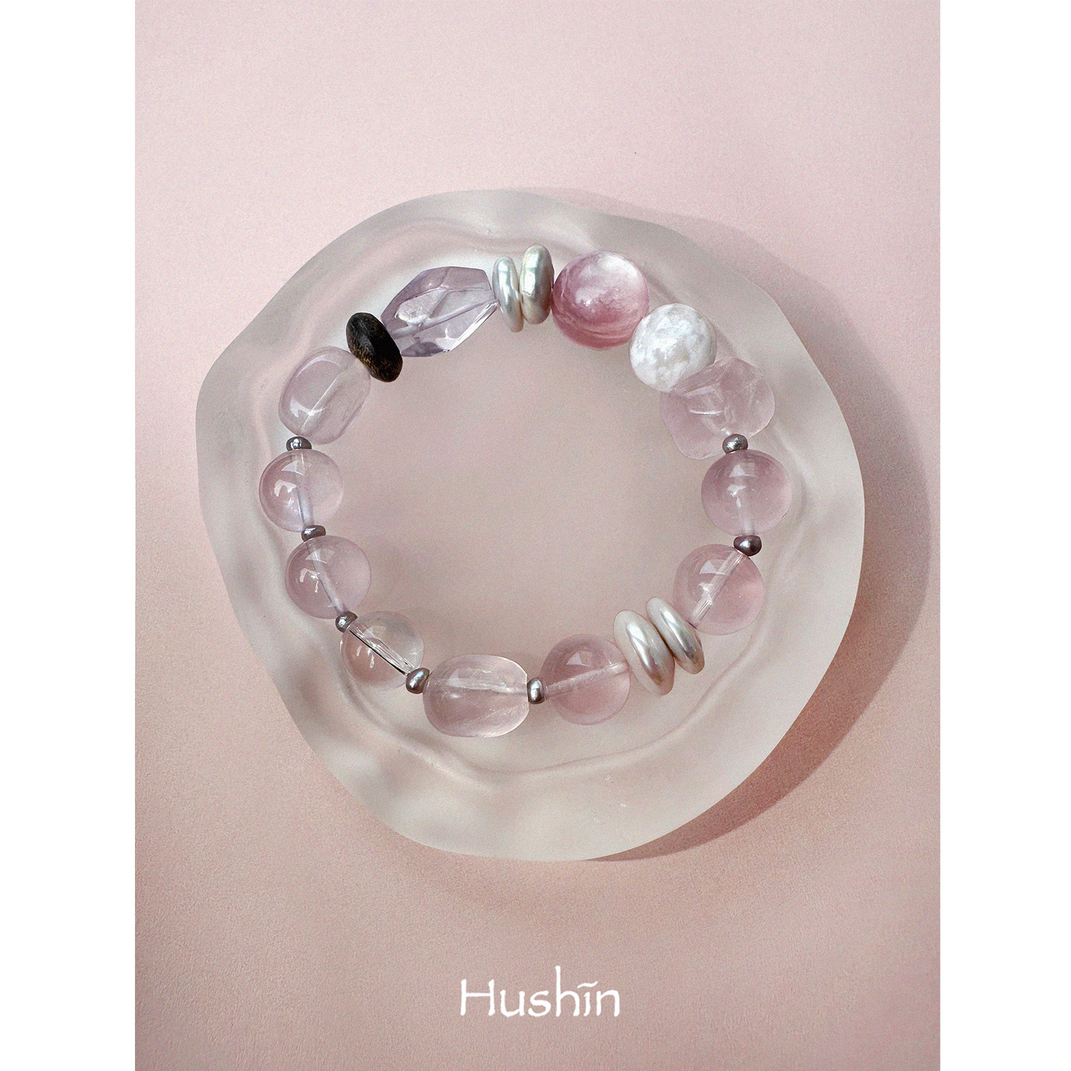 息岸「Hushin线」“粉雾海”粉水晶雪花幽灵珍珠隔片爱情之石手串