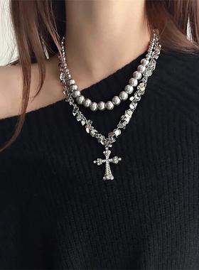 黑色阿姨配件双层交叉项炼配件女性重工业高端锁骨炼项炼