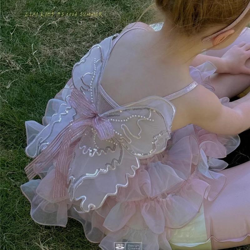 25夏季女童吊带蛋糕连身泳衣韩版儿童女宝蝴蝶小天使纱裙沙滩泳装