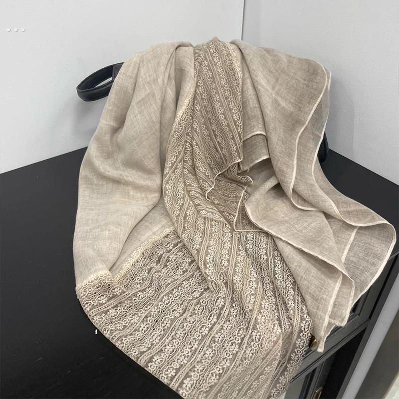 温柔蕾丝丨亚麻色棉麻薄款围巾时尚女外搭披肩初春夏洋气礼物丝巾