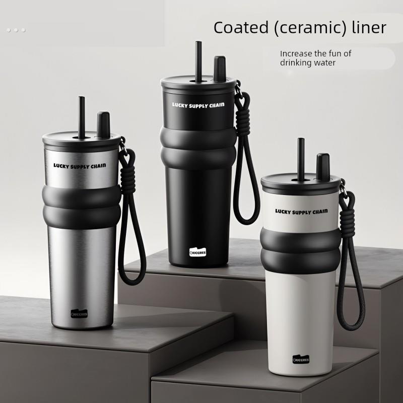 大容量陶瓷内胆水杯大号保温杯女车载陶瓷2025吸管水杯咖啡随行杯