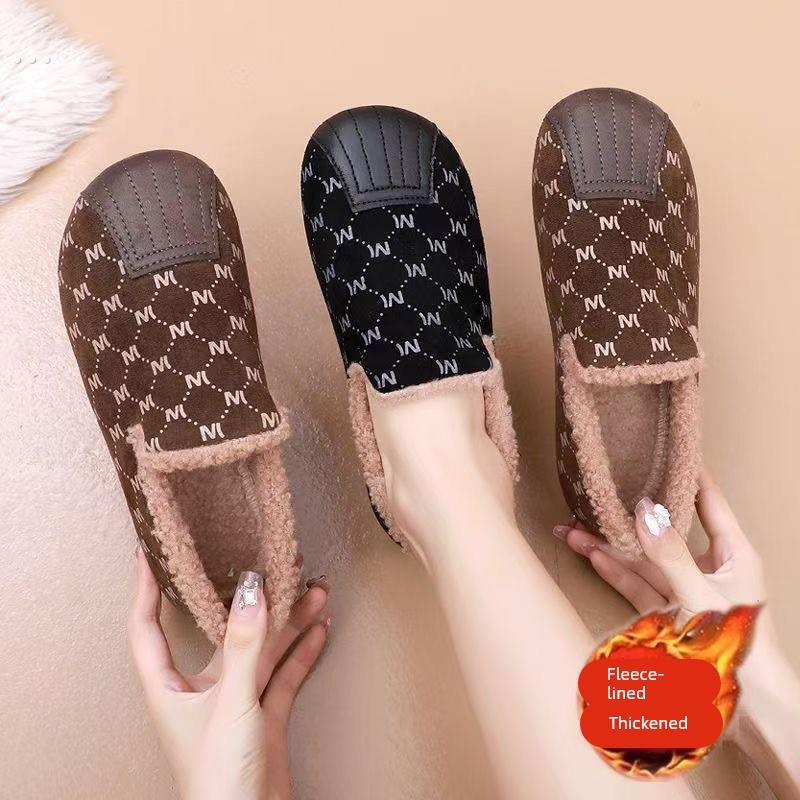 加绒保暖布鞋女春秋中老年妈妈鞋浅口平底休闲鞋防滑软度豆豆女鞋