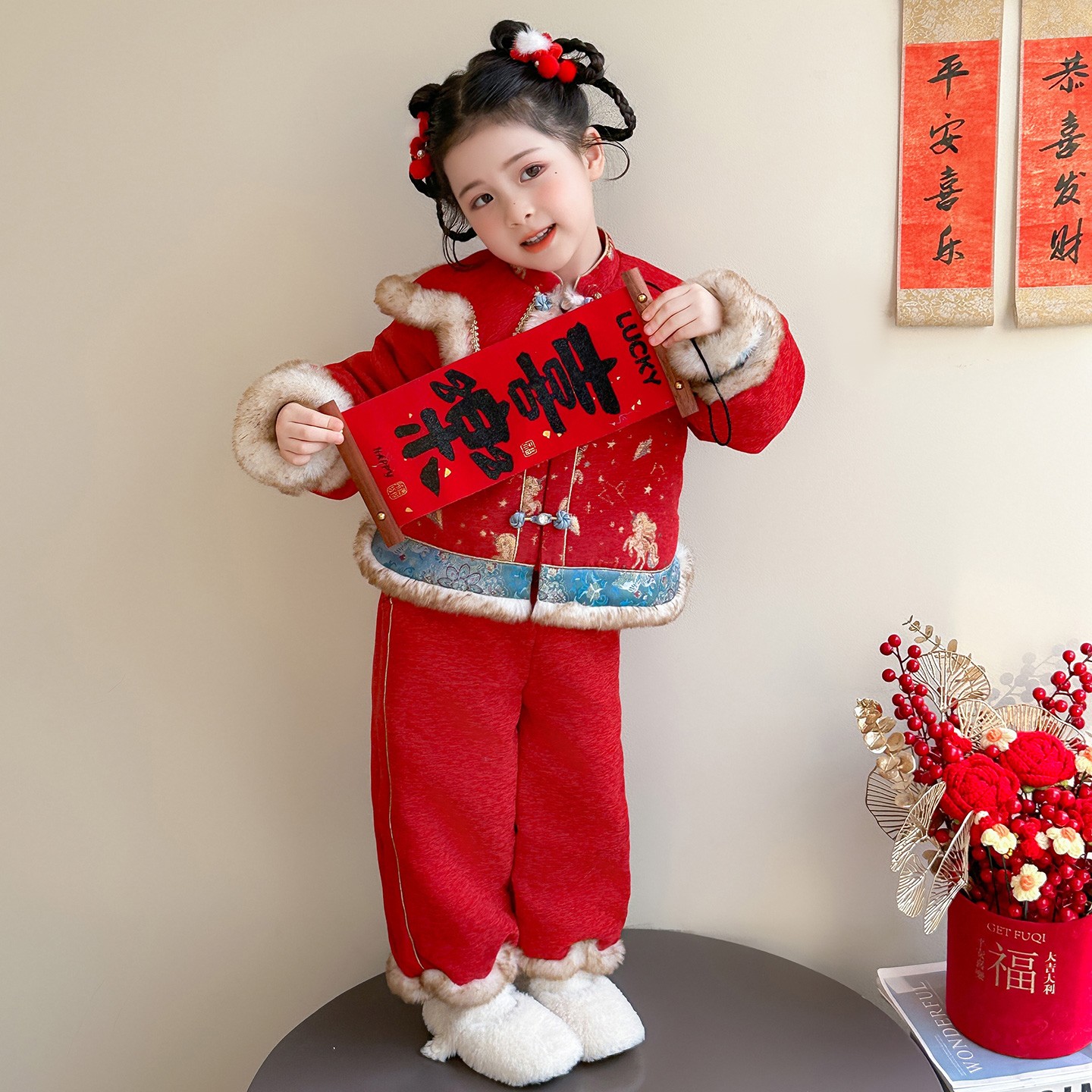 幼儿园园服表演服拜年服元旦秋冬女童中国风古装加厚套装连衣裙