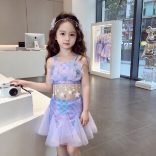 2026新款夏季女童分体泳衣人鱼公主紫色渐变网纱表演服沙滩游泳装