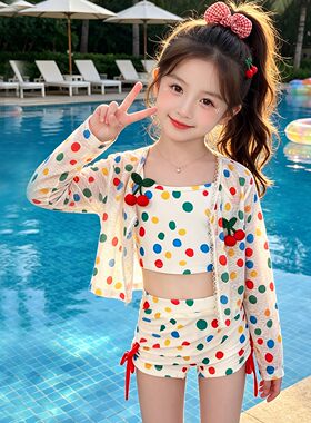 女童泳衣套装2026夏新款女孩波点防晒开衫罩衣游泳短裤三件套泳装