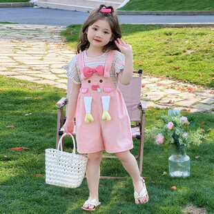 女童背带裤套装夏装2026新款儿童洋气时髦衣服宝宝卡通两件套夏季