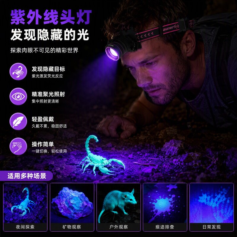 可变焦led蝎子头灯紫光超亮强光手电筒户外夜钓头戴式紫外线鉴定
