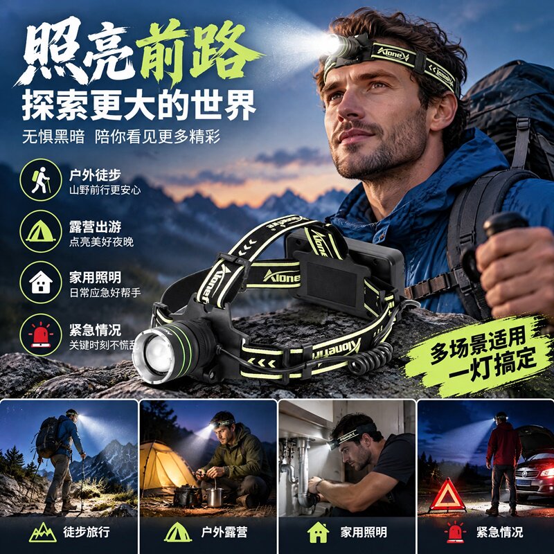 充电感应强光头灯户外远射超亮头戴式手电筒夜钓超长续航赶海