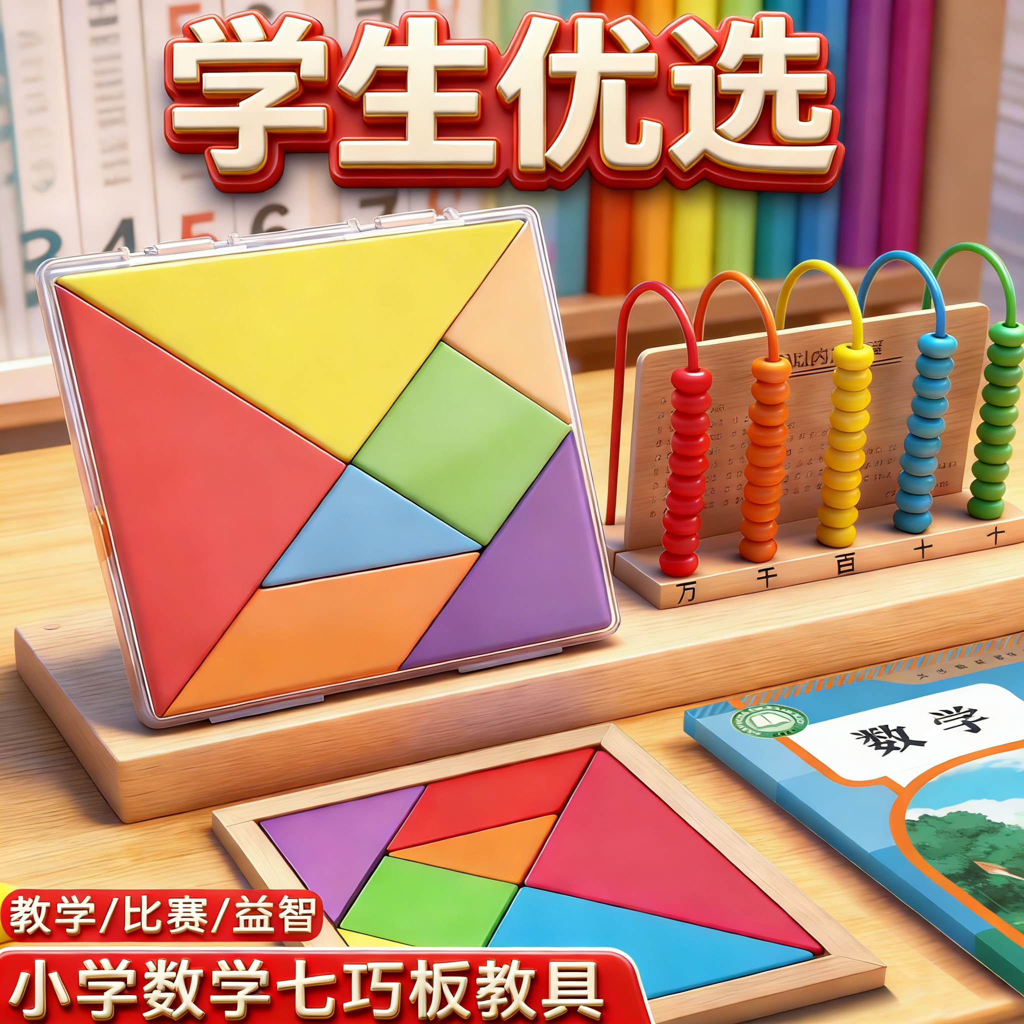 七巧板小学生专用一年级数学学习板计算架拼图几何形状认知教具幼儿园启蒙益智玩具儿童拼板木质套装带收纳盒