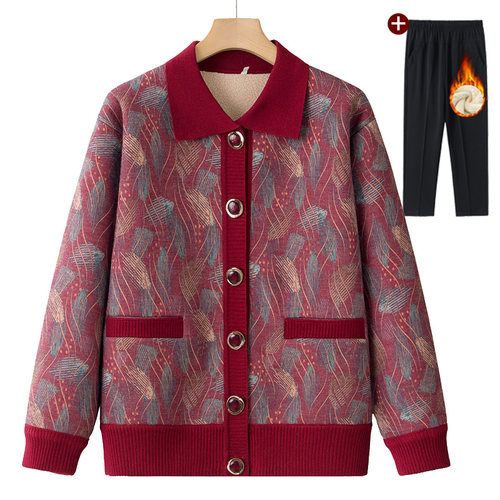 老年人女奶奶毛衣开衫冬装新款妈妈加绒保暖衣服老人外套太太上衣