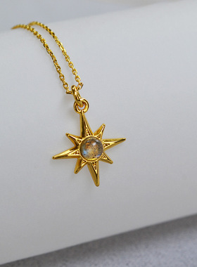 欧美小众简约时尚百搭气质黄铜镀金镶嵌拉长石八芒星吊坠短款项链