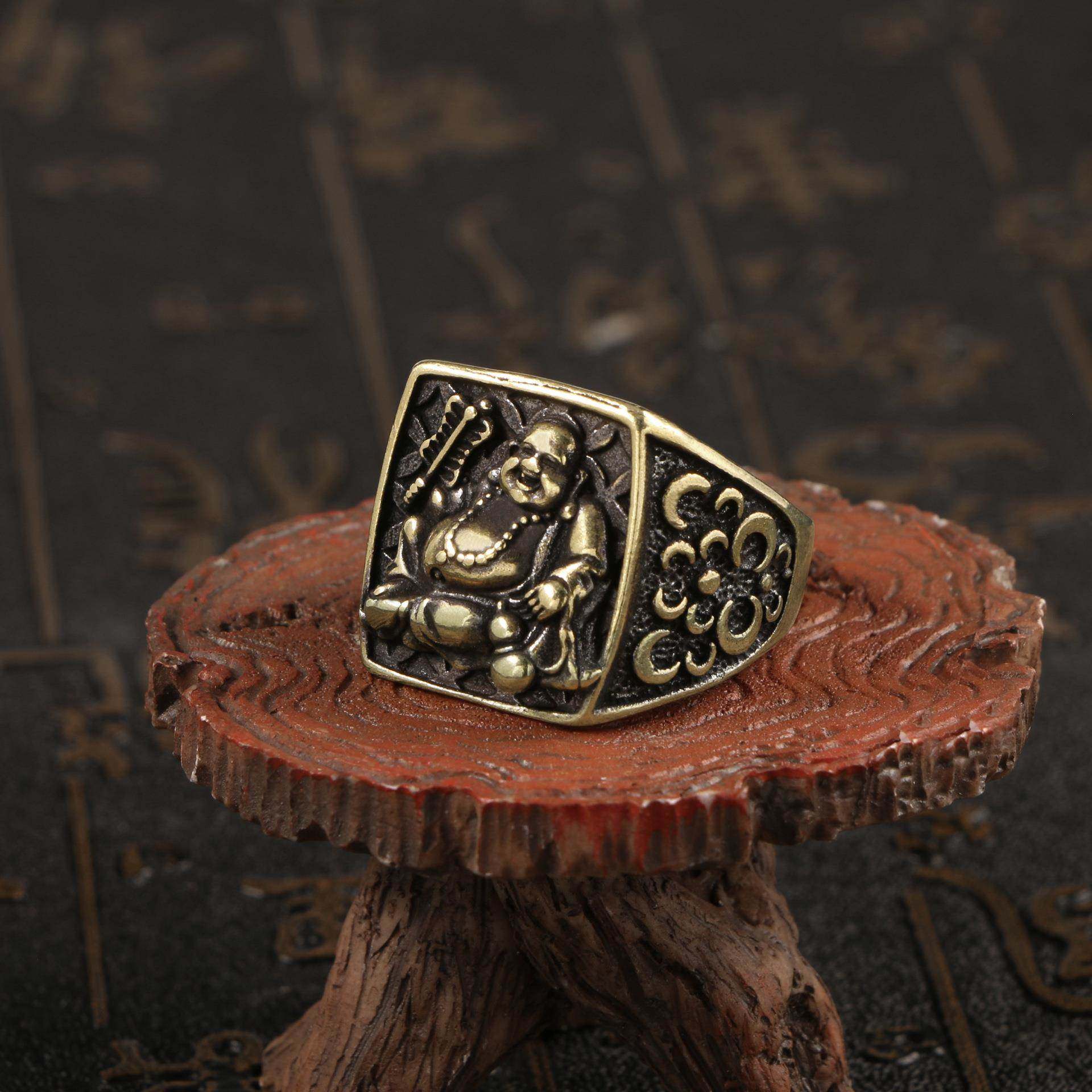 古玩铜器收藏黄铜手工艺弥勒佛戒指男士笑佛戒指指环复古做旧