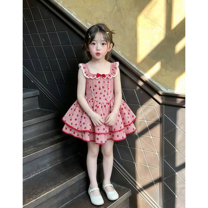 韩版女童夏季红格子礼服连衣裙