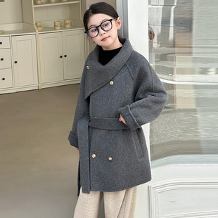 秋冬新款女童双面羊绒大衣中长中大童羊毛呢子外套腰带洋气围脖领